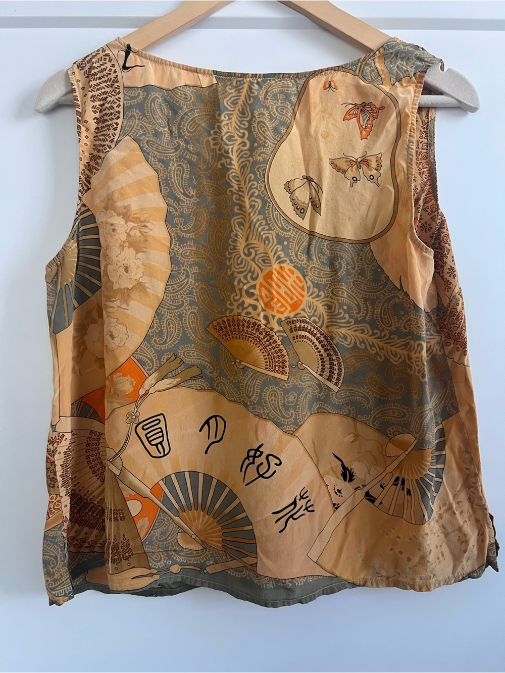 Vintage CITRON Santa Monica 100% Silk Asian Fan Print Sleeveless Top Blouse L - Picture 7 of 7